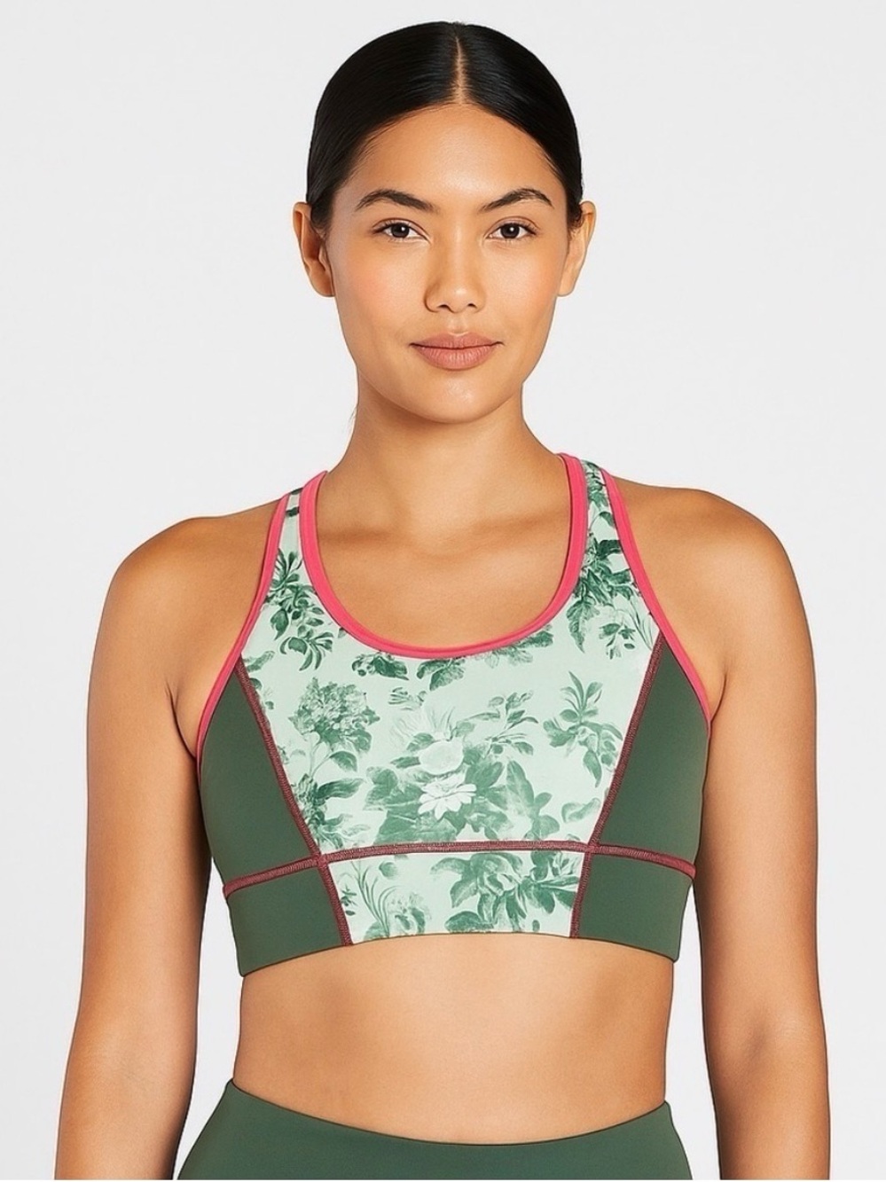 Tuckernuck Green Floral Sports Bra with Pink Trim M Tnuck Sport Flowers Scoop